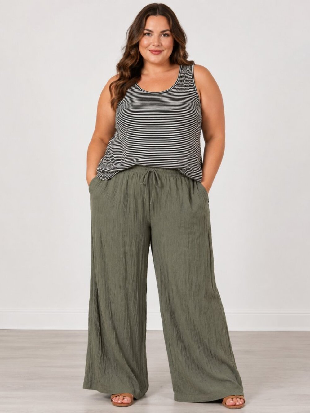 Market & Spruce 1X Olive Green Crinkle Wide Leg Drawstring Pants